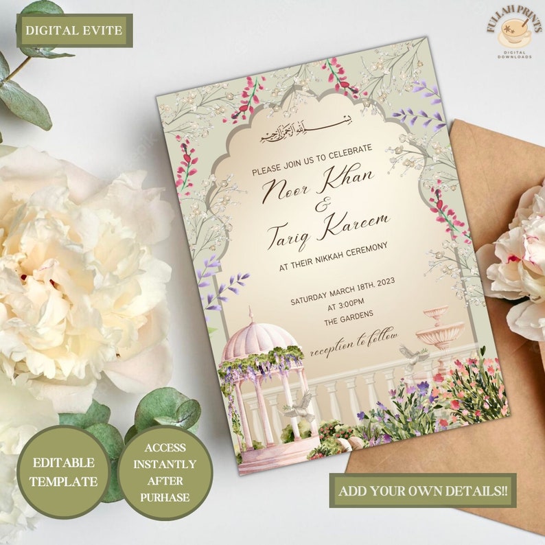 May include: A digital invitation for a Nikkah ceremony featuring a watercolor illustration of a garden with a gazebo and floral details. The invitation text reads "Please join us to celebrate Neer Khan & Tariq Kareem at their Nikkah ceremony Saturday March 18th, 2023 at 3:00pm The Gardens reception to follow".