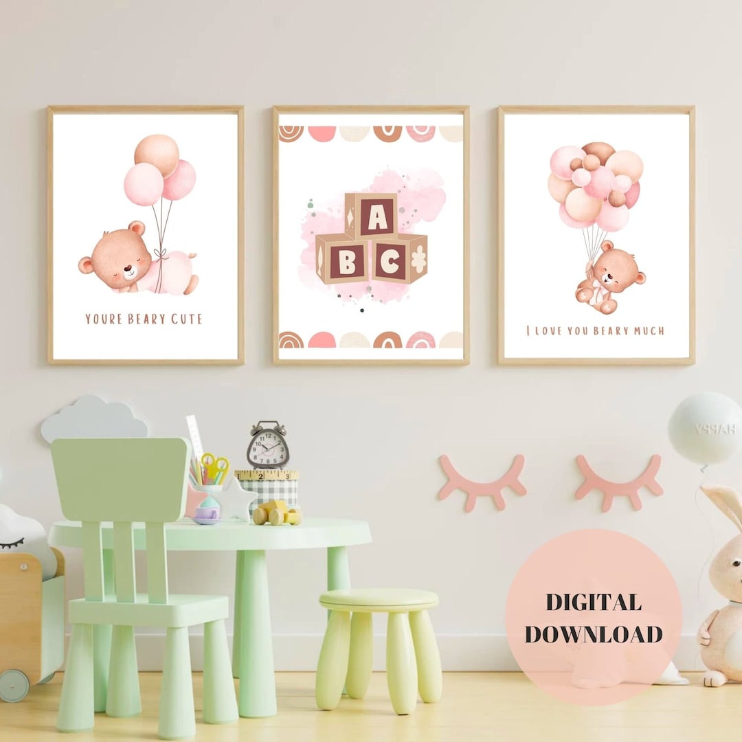 Teddy Bear Nursery Wall Art for Girls, Nursery Prints Set of 3, Teddy ...