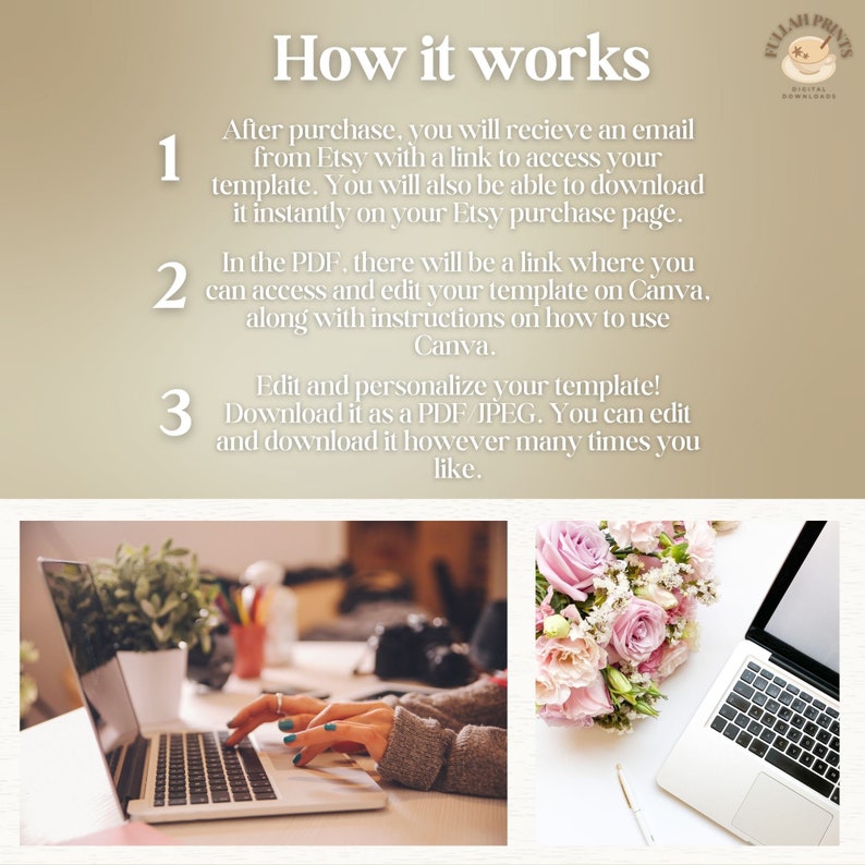 May include: How it works: A three-step guide to using a digital template. Step 1: Download the template. Step 2: Edit the template in Canva. Step 3: Download the template as a PDF or JPEG.