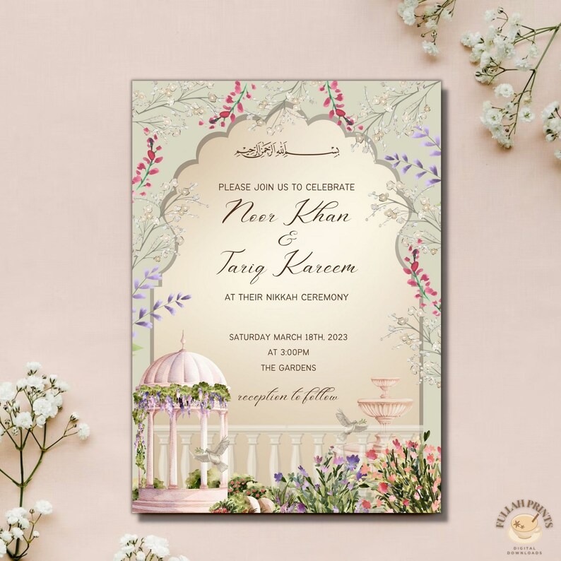May include: A wedding invitation with a floral design. The invitation is for Noor Khan and Tarig Kareem's Nikkah ceremony on Saturday, March 18th, 2023 at 3:00 PM at The Gardens. The invitation includes a reception to follow.
