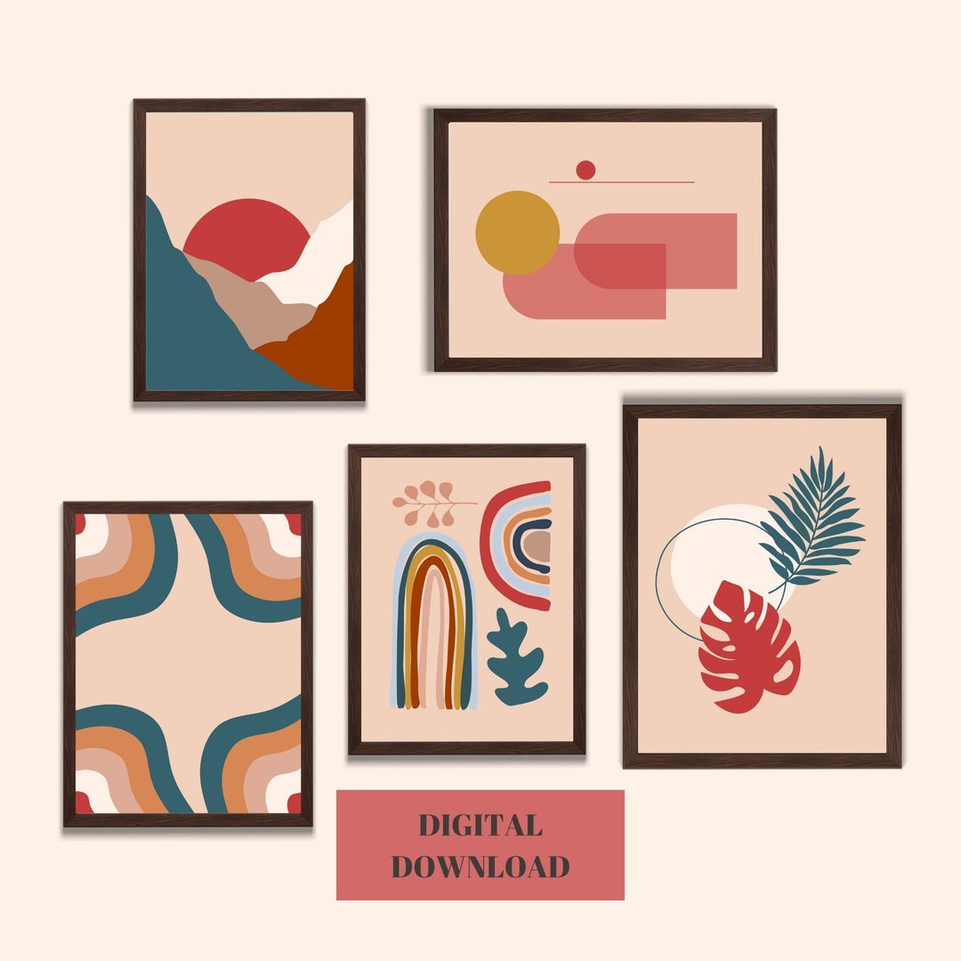 Boho Wall Art Set of 5, Printable Boho Wall Art, Boho Decor, Boho