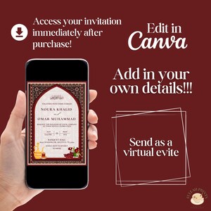 May include: A digital invitation for a Henna celebration with a red and gold design. The invitation features the names Noura Khalid and Omar Muhammad, the date and time of the event, and the location. The invitation is displayed on a smartphone screen.