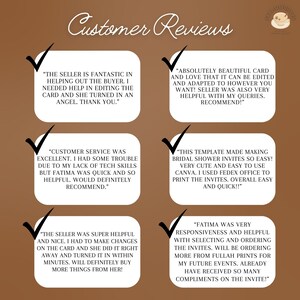 May include: A graphic displaying customer reviews against a brown backdrop. White text boxes with checkmarks contain testimonials. The title "Customer Reviews" is in a decorative font. A logo is in the upper right corner.