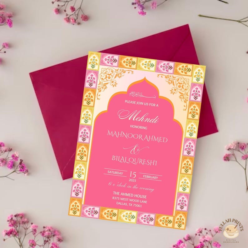 May include: Pink and gold Mehndi invitation with a decorative border. The invitation reads "Please join us for a Mehndi honoring Mahnoor Ahmed & Bilal Qureshi" with the date and time of the event.