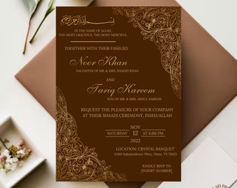 May include: A brown wedding invitation with gold ornate designs and text. The invitation includes the names Noor Khan and Tariq Kareem, along with the date, time, and location of the ceremony. The text includes Arabic script and English text.