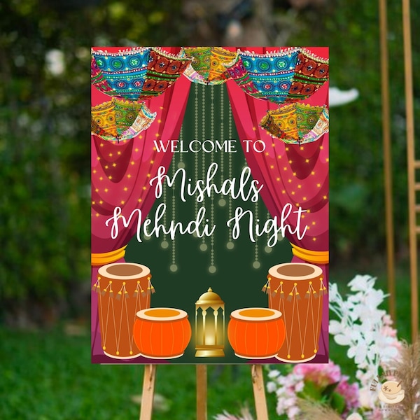 Mehndi Welcome Sign, Mehndi Welcome Poster, Mehndi Entrance Sign, Digital Download, Colorful Mehndi Welcome Sign, Dholki Welcome Sign