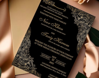 May include: Black and gold wedding invitation with intricate floral designs. The invitation features the names "Noor Khan" and "Tariq Kareem" and details for their Nikkah ceremony on November 12, 2022, at 6:00 PM at the Crystal Banquet in Plano, Texas.