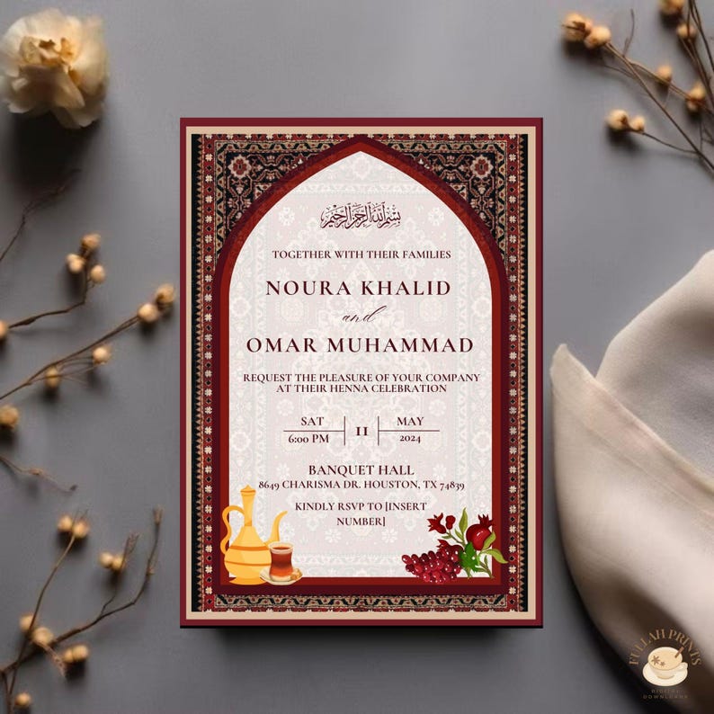 May include: A red and gold wedding invitation with an ornate archway design. The invitation reads "Together with their families, Noura Khalid and Omar Muhammad request the pleasure of your company at their Henna Celebration. Sat, May 11, 2024, 6:00 PM, Banquet Hall, 8649 Charisma Dr. Houston, TX 74839. Kindly RSVP to [insert number]"