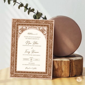 May include: A decorative wedding invitation with a floral border. The invitation features the names Noor Khan and Tariq Kareem, the date, and the time of the ceremony. The design is in shades of brown and cream, with ornate details.
