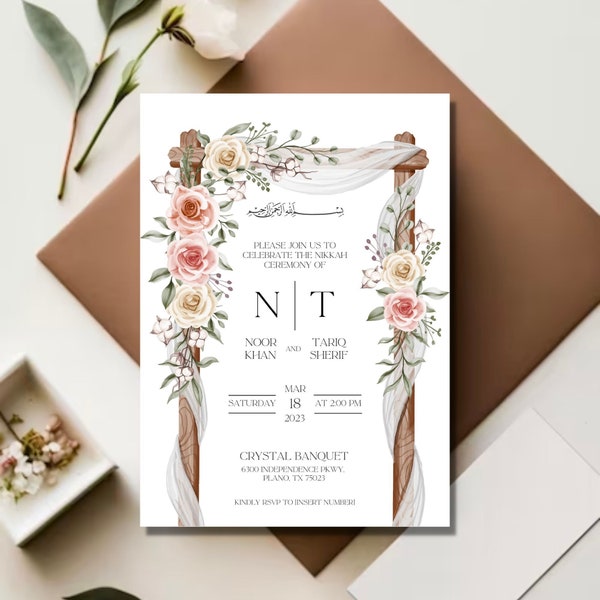 Modern Islamic Wedding Invitation, Editable Nikkah Invitation, Editable Template, Nikkah Evite, White Floral Nikkah Invite, Modern Nikkah