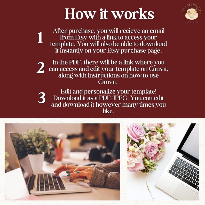 May include: A red and white graphic with instructions on how to use a digital template. The graphic includes the text "How it works" and numbered steps. The steps explain how to access and edit a template on Canva. The graphic also includes a photo of a person using a laptop.