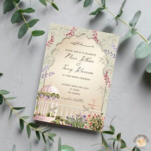 May include: A wedding invitation with a floral design featuring a pink gazebo and a fountain. The invitation is for Noor Khan and Tarig Kareem's Nikkah ceremony on Saturday, March 18th, 2023 at 3:00 PM at The Gardens. The text "reception to follow" is also included.
