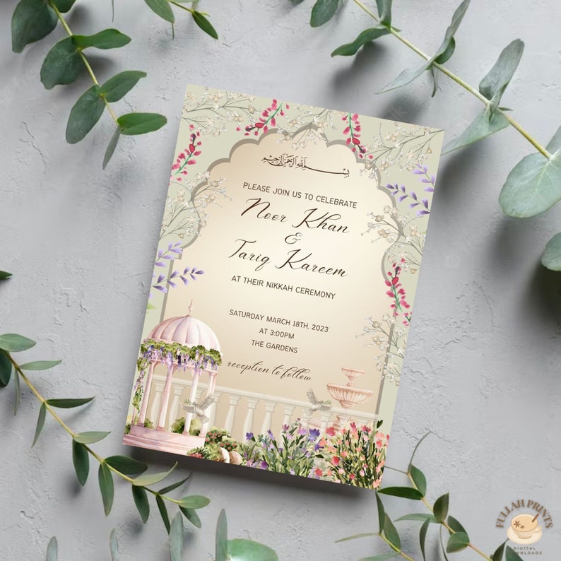 May include: A wedding invitation with a floral design featuring a pink gazebo and a fountain. The invitation is for Noor Khan and Tarig Kareem's Nikkah ceremony on Saturday, March 18th, 2023 at 3:00 PM at The Gardens. The text "reception to follow" is also included.