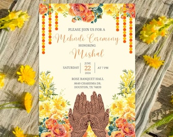 Floral Mehndi Invitation: Yellow & Orange Henna Invite (Digital Download)