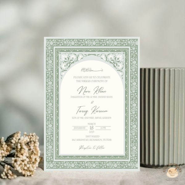 Sage Green Elegant and Luxurious Nikkah Invitation, Nikkah Evite, Nikkah Invitation Template, Islamic Wedding Invitation, Digital Invite