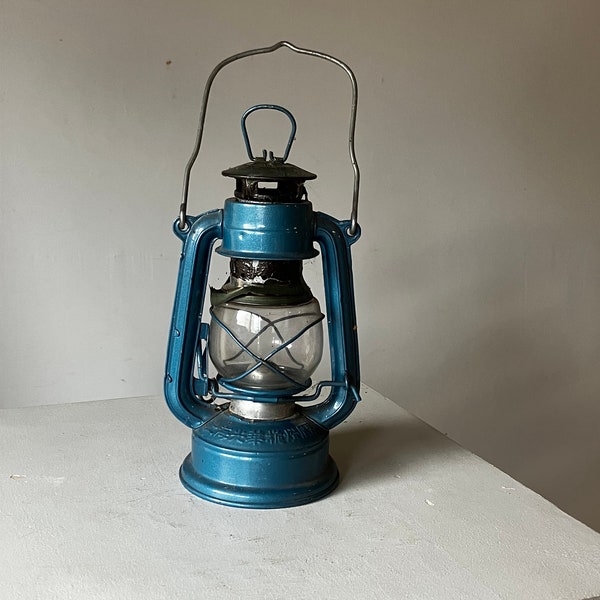 Blue Vintage hurricane lantern, lamp, Retro lighting, Paraffin oil lamp