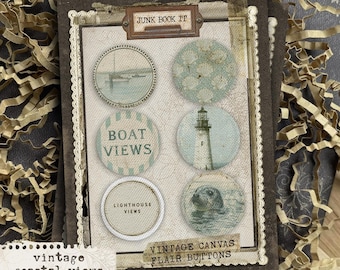Coastal Views Canvas Flair Buttons, Shore Embellishments, Ocean Junk Journaling, Beach Scrapbooking, Beach Junk Journaling, Beach Flair