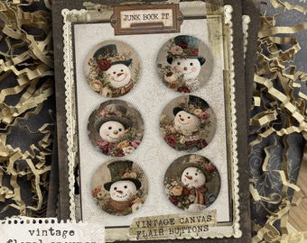 Vintage Floral Snowman Buttons, Winter Junk Journaling, Christmas Junk Journaling, Card Making, Holiday Flair Buttons, Winter Embellishments