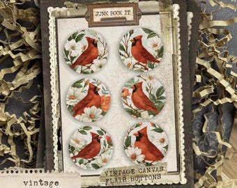 Vintage Floral Cardinal Birds Buttons, Bird Junk Journaling, Cardinal Junk Journaling, Bird Flair Buttons, Christmas Embellishments, Fall