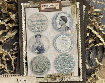 Love You Darling Canvas Flair Buttons, Shabby Junk Journaling, Blue Junk Journaling, Flair Buttons, Love Junk Journal Embellishments