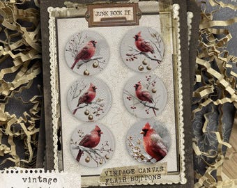 Vintage Red Cardinal Birds Buttons, Winter Bird Junk Journaling, Christmas Junk Journaling, Bird Flair Buttons, Christmas Embellishments