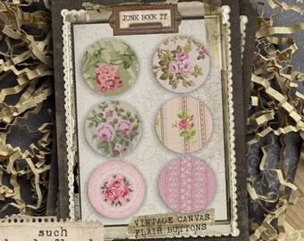 Such Lovely Florals Canvas Flair Buttons, Shabby Floral Junk Journaling, Floral Journaling, Flair Buttons, Flower Junk Journal Embellishment