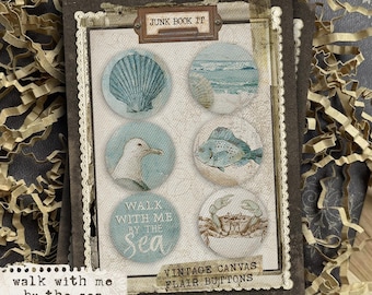 Walk With Me By The Sea Canvas Flair Buttons, Octopus Embellishment, Ocean Junk Journaling, Beach Scrapbooking, Octopus Junk Journal Craft