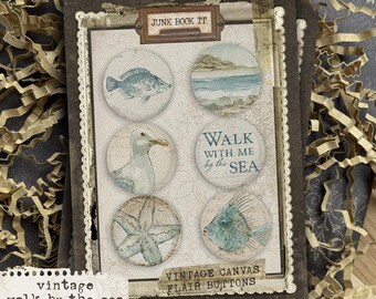 Vintage By The Sea Canvas Flair Buttons, Shore Embellishments, Ocean Junk Journaling, Beach Scrapbooking, Beach Junk Journaling