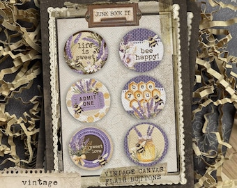 Vintage Bee You Canvas Flair Buttons, Junk Journaling, Bee Junk Journaling, Lavender Junk Journaling, Vintage Bee Junk Journaling