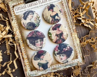 Victorian Lady Canvas Flair Buttons, Lady Victorian Junk Journaling, Old Time Photo Junk Journaling, Scrapbooking, Junk Journal Vintage Dark