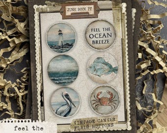 Feel The Ocean Canvas Flair Buttons, Octopus Embellishment, Ocean Junk Journaling, Beach Scrapbooking, Octopus Junk Journal Craft