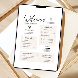 Op de afbeelding: Een digitale welkomstgids voor gasten die in een huurwoning verblijven. De gids bevat informatie over WiFi-gegevens, huisregels, uitcheckprocedures, noodcontactgegevens en een bedankbericht. De gids is ontworpen om informatief en nuttig te zijn voor gasten.