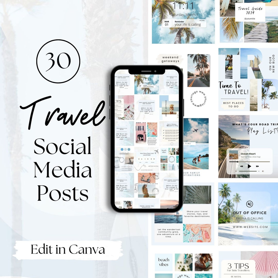 Travel Agent Instagram Post Templates, Canva Social Media Templates, 30 ...