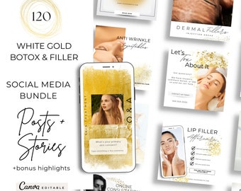 Könnte beinhalten: Ein Social-Media-Paket für Beauty-Unternehmen mit 120 Posts und Stories im Weißgold-Design zur Bewerbung von Botox und Fillern. Das Paket enthält eine Vielzahl von Designs mit goldenen Glitzerakzenten und Texten wie "Let's Tox About It", "Anti Wrinkle Injectables" und "Dermal Fillers".