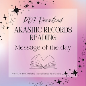 Könnte beinhalten: Ein rosa-violetter Farbverlaufshintergrund mit schwarzen Sternen und einem weißen Quadrat. Das Quadrat enthält den Text "PDF Download Akashic Records Reading Message of the day" und eine Schwarzweißillustration eines geöffneten Buches. Der Text "Holistic and Artistic | @holisticandartistic" befindet sich unter dem Buch.