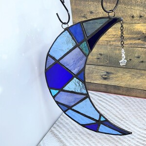 Blue &#39;Crystal&#39; Moon - Lunar Dream with Dangling Charm Stained Glass