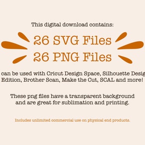 K&ouml;nnte beinhalten: Textgrafik mit orangefarbenen Akzenten, die besagt "Dieser digitale Download enth&auml;lt: 26 SVG-Dateien 26 PNG-Dateien". Der Text darunter lautet "Svg kann mit Cricut Design Space, Silhouette Designer Edition, Brother Scan, Make the Cut, SCAL und mehr verwendet werden! Diese png-Dateien haben einen transparenten Hintergrund und eignen sich hervorragend f&uuml;r Sublimation und Druck. Beinhaltet unbegrenzte kommerzielle Nutzung f&uuml;r physische Endprodukte."