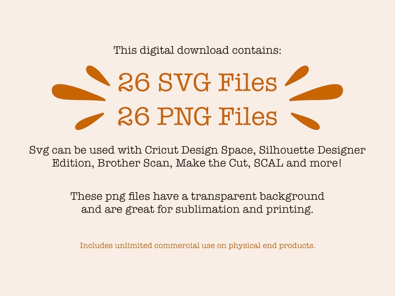 K&ouml;nnte beinhalten: Textgrafik mit orangefarbenen Akzenten, die besagt "Dieser digitale Download enth&auml;lt: 26 SVG-Dateien 26 PNG-Dateien". Der Text darunter lautet "Svg kann mit Cricut Design Space, Silhouette Designer Edition, Brother Scan, Make the Cut, SCAL und mehr verwendet werden! Diese png-Dateien haben einen transparenten Hintergrund und eignen sich hervorragend f&uuml;r Sublimation und Druck. Beinhaltet unbegrenzte kommerzielle Nutzung f&uuml;r physische Endprodukte."