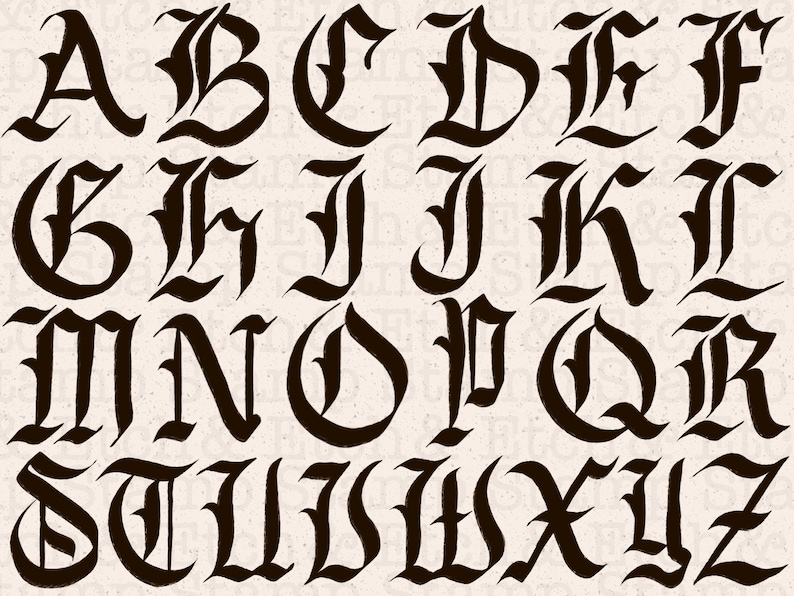 K&ouml;nnte beinhalten: Schwarzwei&szlig;es Alphabet in gotischer Schriftart. Jeder Buchstabe wird einzeln angezeigt.