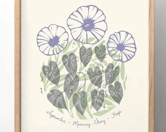 September Birth Flower Print - Morning Glory Hope Linocut Art Gift - by BeksPress