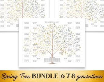 May include: A set of three printable family tree templates in the shape of a spring tree with green and blue leaves. The templates are labeled "EDWARDS FAMILY" and are designed for 6, 7, or 8 generations. The text "Spring Tree BUNDLE | 6.7.8 generations" and "Edit online with a FREE Canva account." is displayed below the templates.