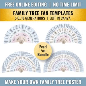 May include: A graphic featuring four family tree fan templates in a semi-circular design. The templates are in shades of blue, pink, and white, with text indicating generations. The image includes the text "Pearl Fan Bundle" and "Make Your Own Family Tree Poster."