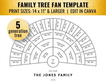 B&W 5 Generation Family Tree Fan Chart Template (14x11, Canva)