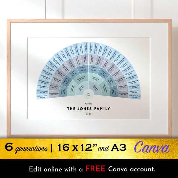 Canva Family Tree Template - Fan Chart in French Blue - 6 Generations - 16 x 12" & A3 - by BeksPress