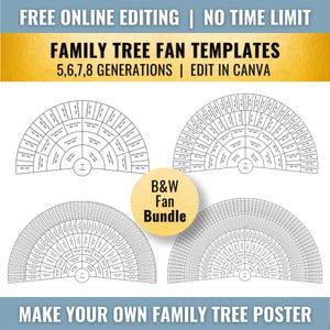 B&W Bundle 5 - 8 Generation Family Tree Fan Chart Templates (14x11" to 30x20", Canva)