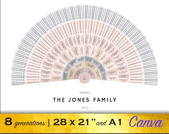 Canva Family Tree Template - Scandi Palette Fan Chart - 8 Generations - 28 x 21" & A1 - by BeksPress