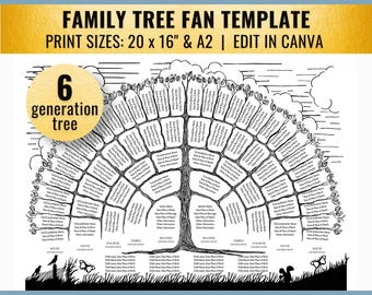 Retro Sketch Stammbaum Fächer Vorlage: 6 Generation (20x16 & A2, Canva)