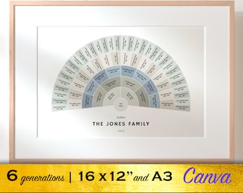 Canva Family Tree Template - Coastal Palette Fan Chart - 6 Generations - 16 x 12" & A3 - by BeksPress