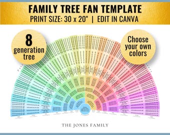 DIY Color: 8 Generation Sunrise Family Tree Fan Template (30x20, Canva)