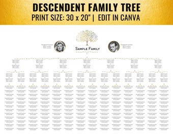 14-16 Children, Descendent Family Spring Tree, 4 Generations (30x20, Canva)